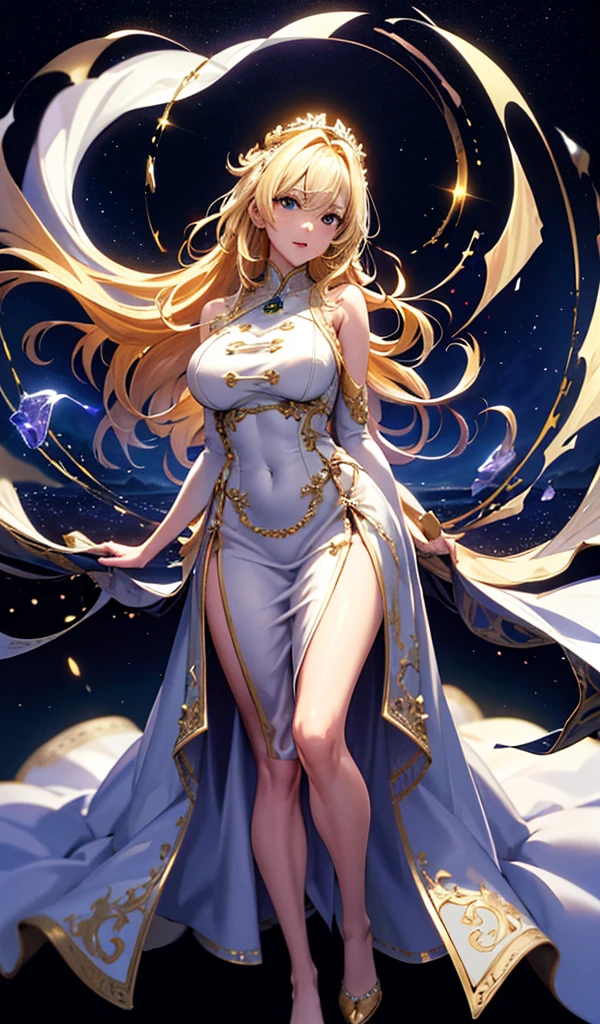 masterpiece, high quality, 4K, Beautiful design, silhouette,blonde, 非常に詳細な夜のStarry Sky,Glass Kingdom,Glass World,Glass Castle, wonderful, Finer details, Very knowledgeable woman, Highly detailed solo, 1 female,Big Breasts, Pure white dress,Night view,Starry Sky,