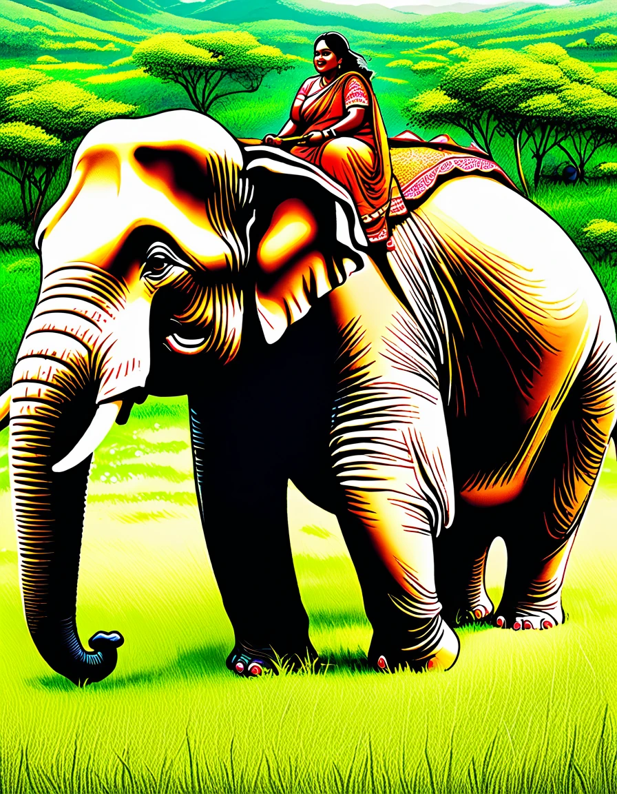 Large Indian woman riding big elephant in grass meadow.