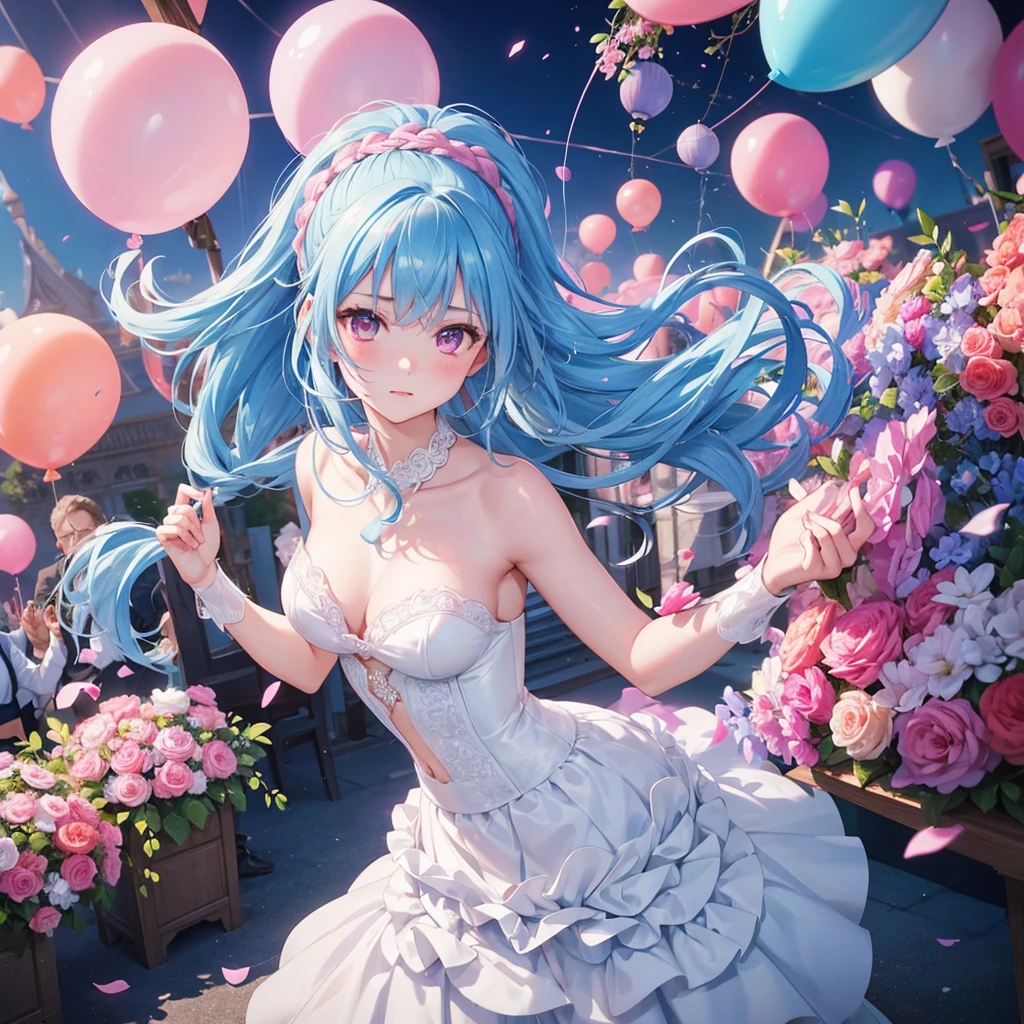 sky Blue hair, (braided ponytail),(pink eyes),fair skin ,(full body),(1 girl),bride,blush,Straight Bangs, June Bride,Wedding dress,(masterpiece, best quality, ultra-detailed, best shadow), (detailed background), (beautiful detailed face), high contrast, (best illumination, an extremely delicate and beautiful), ((cinematic light)), colorful, hyper detail, dramatic light, intricate details,Wedding hall, Balloons flying in the sky,Glaring Sun,