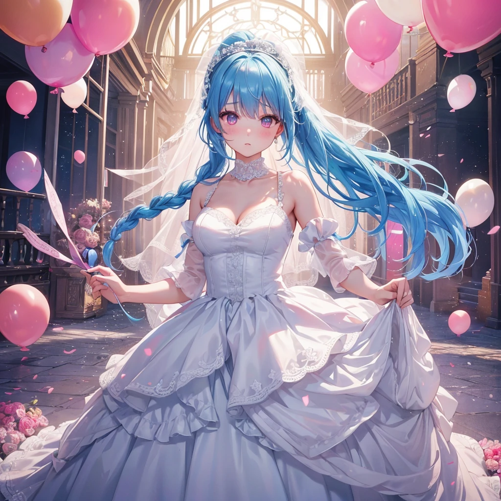 sky Blue hair, (braided ponytail),(pink eyes),fair skin ,(full body),(1 girl),bride,blush,Straight Bangs, June Bride,Wedding dress,(masterpiece, best quality, ultra-detailed, best shadow), (detailed background), (beautiful detailed face), high contrast, (best illumination, an extremely delicate and beautiful), ((cinematic light)), colorful, hyper detail, dramatic light, intricate details,Wedding hall, Balloons flying in the sky,Glaring Sun,
