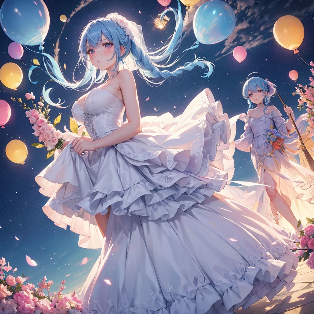 sky Blue hair, (braided ponytail),(pink eyes),fair skin ,(full body),(1 girl),bride,blush,Straight Bangs, June Bride,Wedding dress,(masterpiece, best quality, ultra-detailed, best shadow), (detailed background), (beautiful detailed face), high contrast, (best illumination, an extremely delicate and beautiful), ((cinematic light)), colorful, hyper detail, dramatic light, intricate details,Wedding hall, Balloons flying in the sky,Glaring Sun,