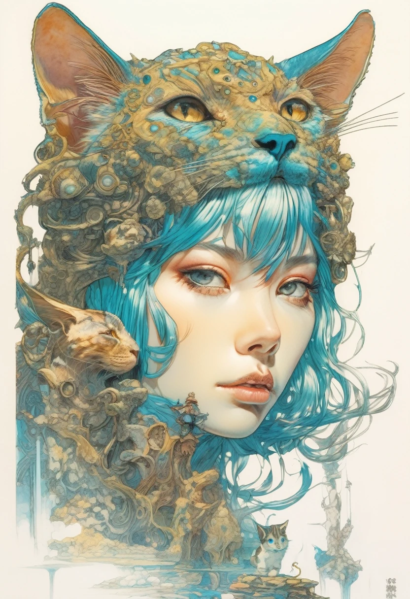 artwork by Katsuya Terada
8K, HD, intricate detailed masterpiece, (summer vaation:1.4), (cat and girl:1.1), transparent, glowing blue eyes, blue cat and palegreen eye ball, medium shot, blue hair, organic shapes, hard edges, anatomecly correct body,  hyper realistic, cat elegant,cinematic lighting, highly detailed, intense colors, octane rendered cat, surreal mood, award winning picture, glowing rich colors, iridiscent accents, dramatic shadows,dynamic and atmospheric lighting, anamorphic lens, sharp focus, 
intricate high detail masterpiece by Katsuya Terada, in the STYLE of Katsuya Terada, pop surrealism, watercolor 