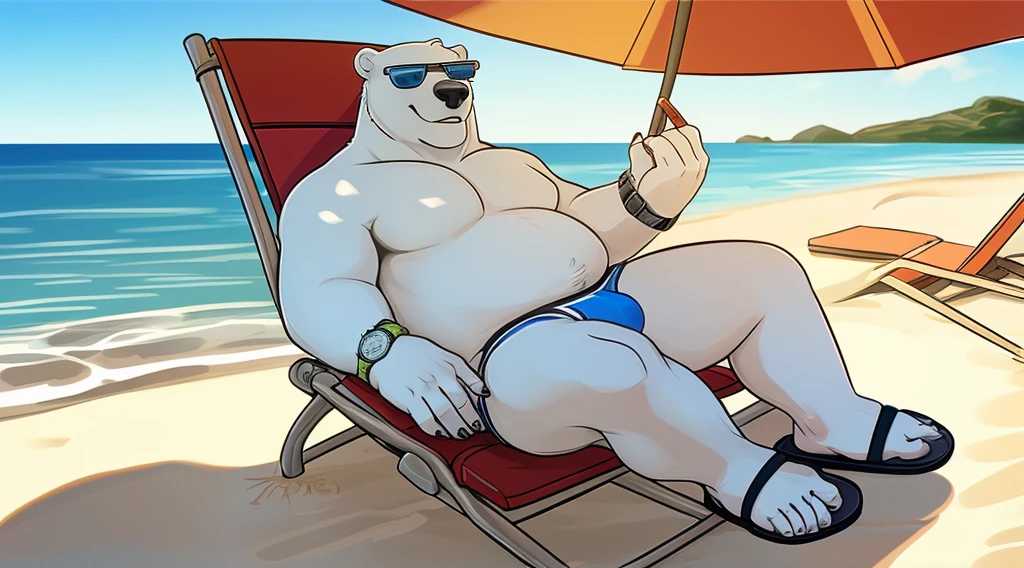 slughly chubby dad male polar bear blue eyes, laying on chair , no clothes , white briefs , watch ,hands on sunglasses , smiling , under sun , spread legs , beach background, sunlight, sandals , high quality , drawing , 2d , e621 , lineart , shading 
