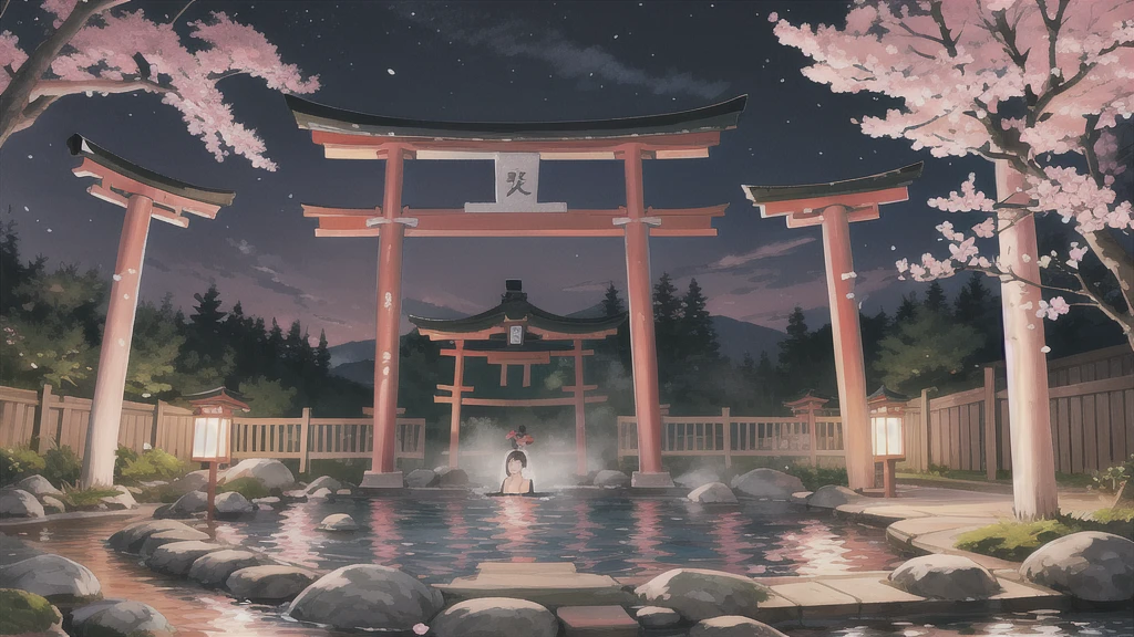 Cute art style, open-air bath, small torii gate, hot spring, evening, cherry blossoms, illustration, background only