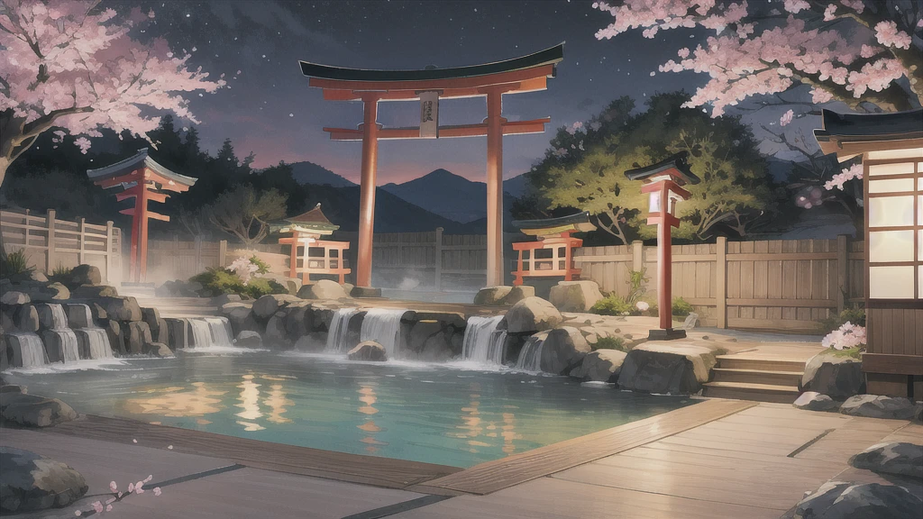 Cute art style, open-air bath, small torii gate, hot spring, evening, cherry blossoms, illustration, background only