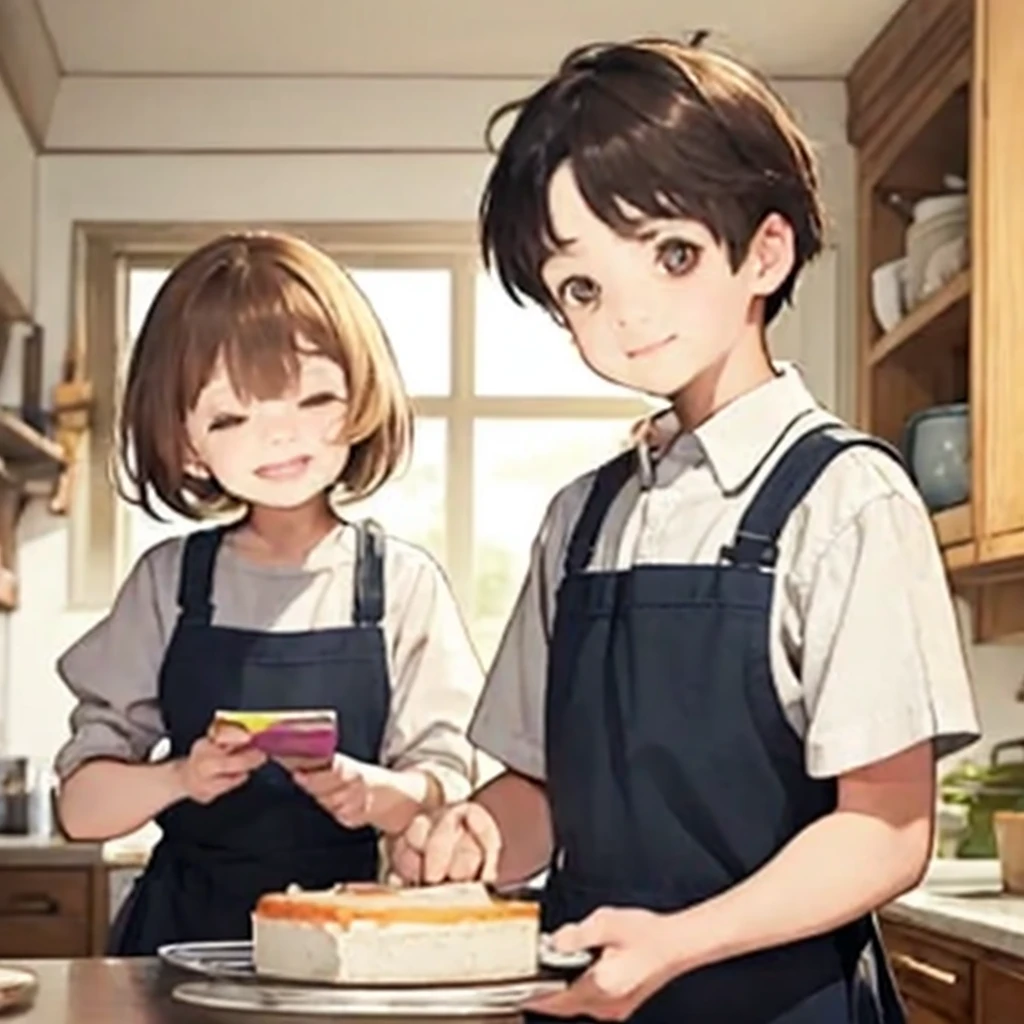 "Whimsical, picture book style watercolor painting ((a very young boy and girl)) of twins, brother and sister, with short brown hair and golden eyes, wearing white shirts and black aprons. Making a sponge cake , both of them are smiling warmly. This scene has an exaggerated attitude. The background is simple and pastel colored, a cozy kitchen. The overall art style is soft, vibrant, imaginative, deformed and Exaggerated details add to the playfulness, storybook feel."