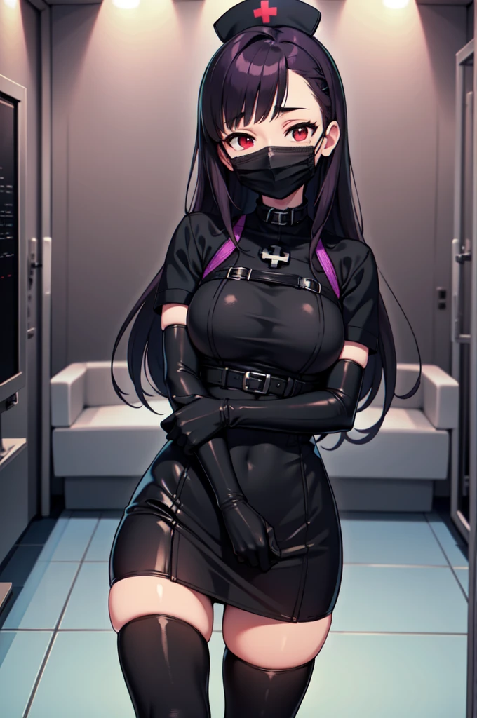black nurse, 1woman, solo, black nurse cap, black nurse uniform, ((black legwear, zettai ryouiki)), black elbow gloves, long hair, purple hair, red eyes, ((black surgical mask, covered nose)), standing, ((surgery room)), sharp outline, short sleeves, mature female, 35 years old, best quality, masterpiece