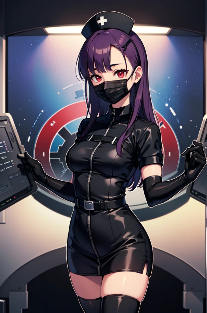 black nurse, 1woman, solo, black nurse cap, black nurse uniform, ((black legwear, zettai ryouiki)), black elbow gloves, long hair, purple hair, red eyes, ((black surgical mask, covered nose)), standing, ((surgery room)), sharp outline, short sleeves, mature female, 35 years old, best quality, masterpiece