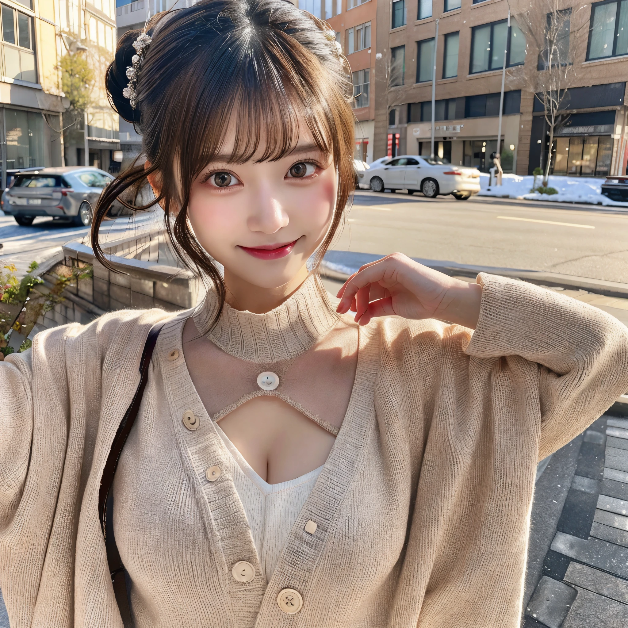 masutepiece, Best Quality, Illustration, Ultra-detailed, finely detail, hight resolution, 8K Wallpaper, Perfect dynamic composition, Beautiful detailed eyes, Trendy Women's Fashion Winter Clothes,Bun hair,Small breasts natural color lip, sexypose,Smile,Harajuku、20 years girl、Cute、is looking at the camera