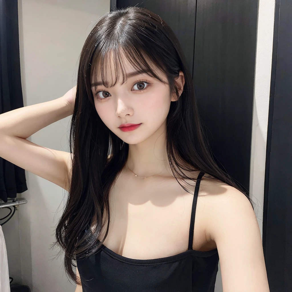 beautiful girl、double eyelid、Big、Black Hair、Long Hair、Fair skin、delicate、Selfie、camisole、Small breasts