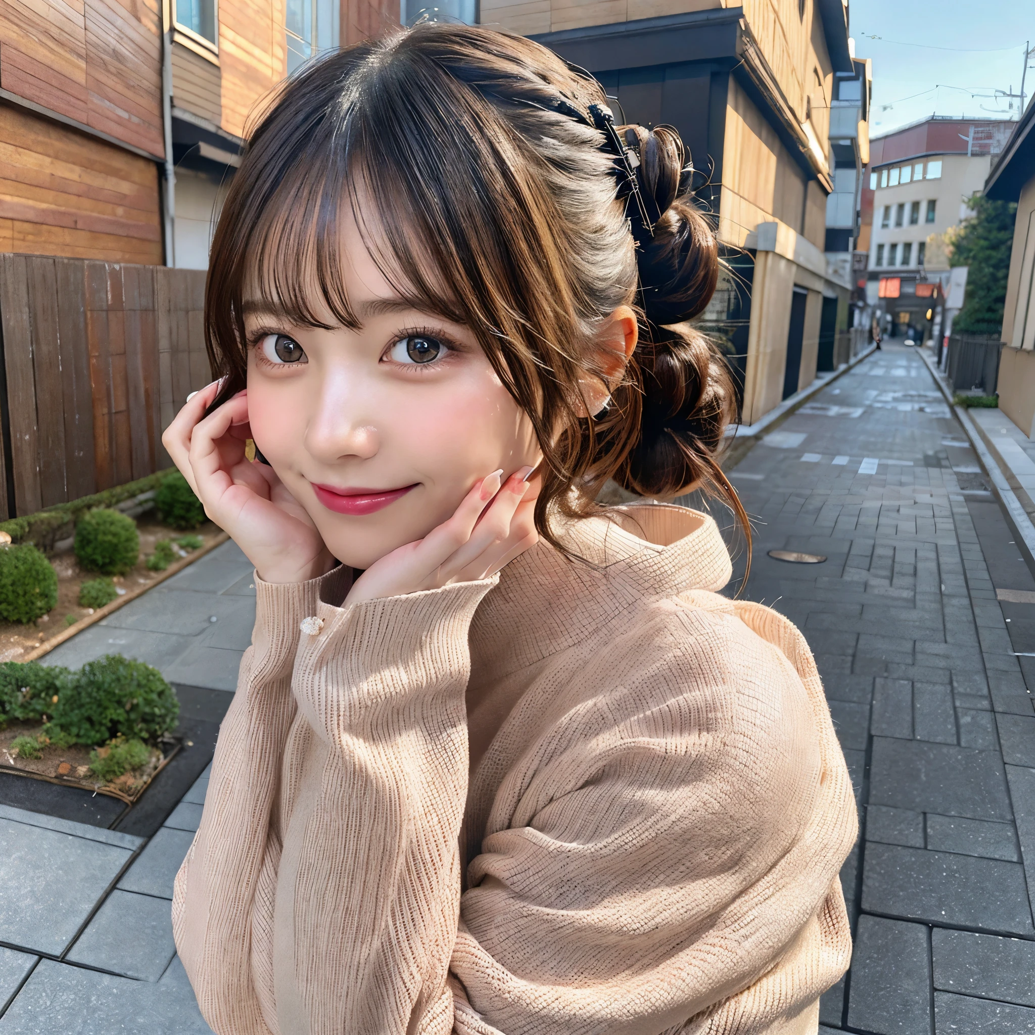 masutepiece, Best Quality, Illustration, Ultra-detailed, finely detail, hight resolution, 8K Wallpaper, Perfect dynamic composition, Beautiful detailed eyes, Trendy Women's Fashion Winter Clothes,Bun hair,Small breasts natural color lip, sexypose,Smile,Harajuku、20 years girl、Cute、is looking at the camera