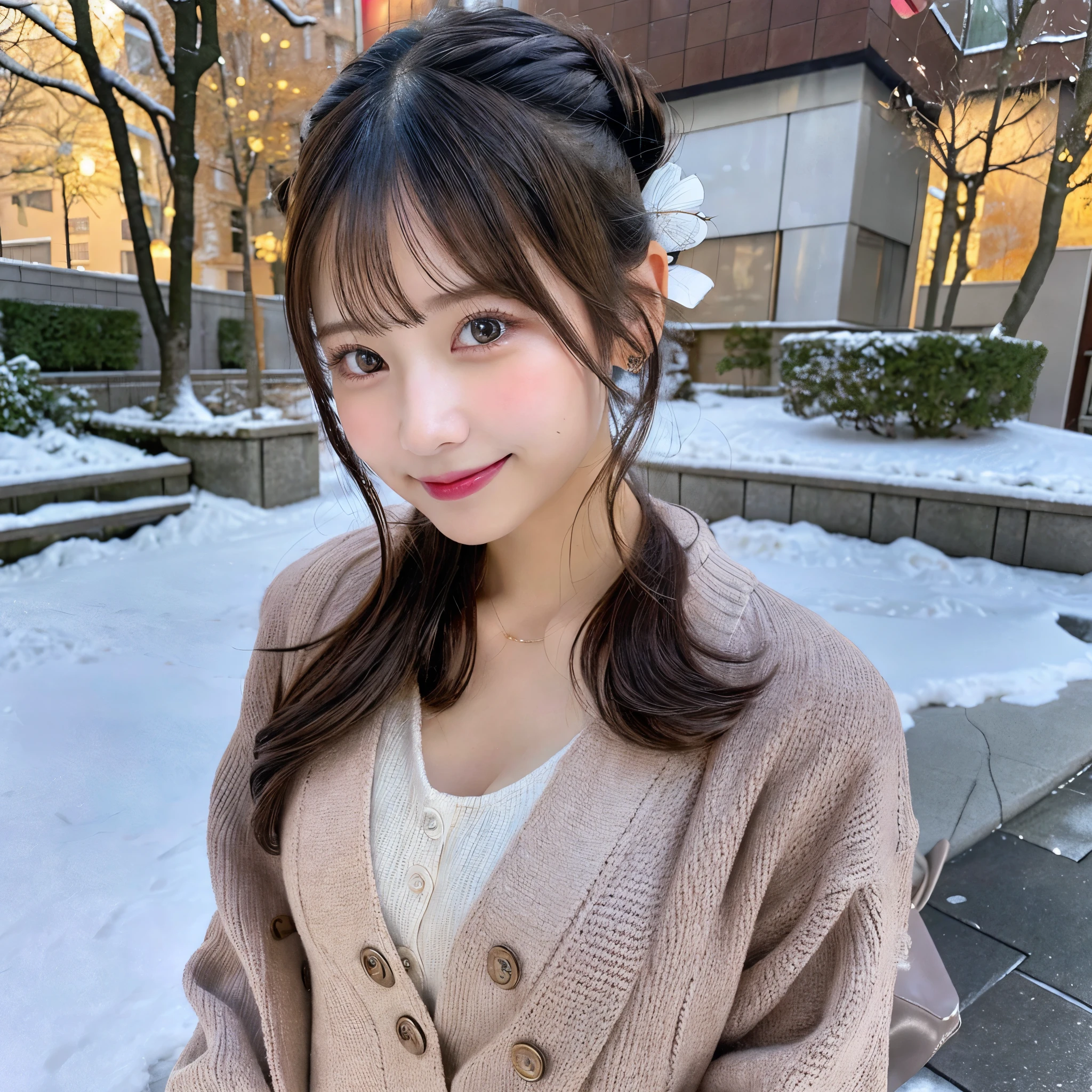 masutepiece, Best Quality, Illustration, Ultra-detailed, finely detail, hight resolution, 8K Wallpaper, Perfect dynamic composition, Beautiful detailed eyes, Trendy Women's Fashion Winter Clothes,Bun hair,Small breasts natural color lip, sexypose,Smile,Harajuku、20 years girl、Cute、is looking at the camera