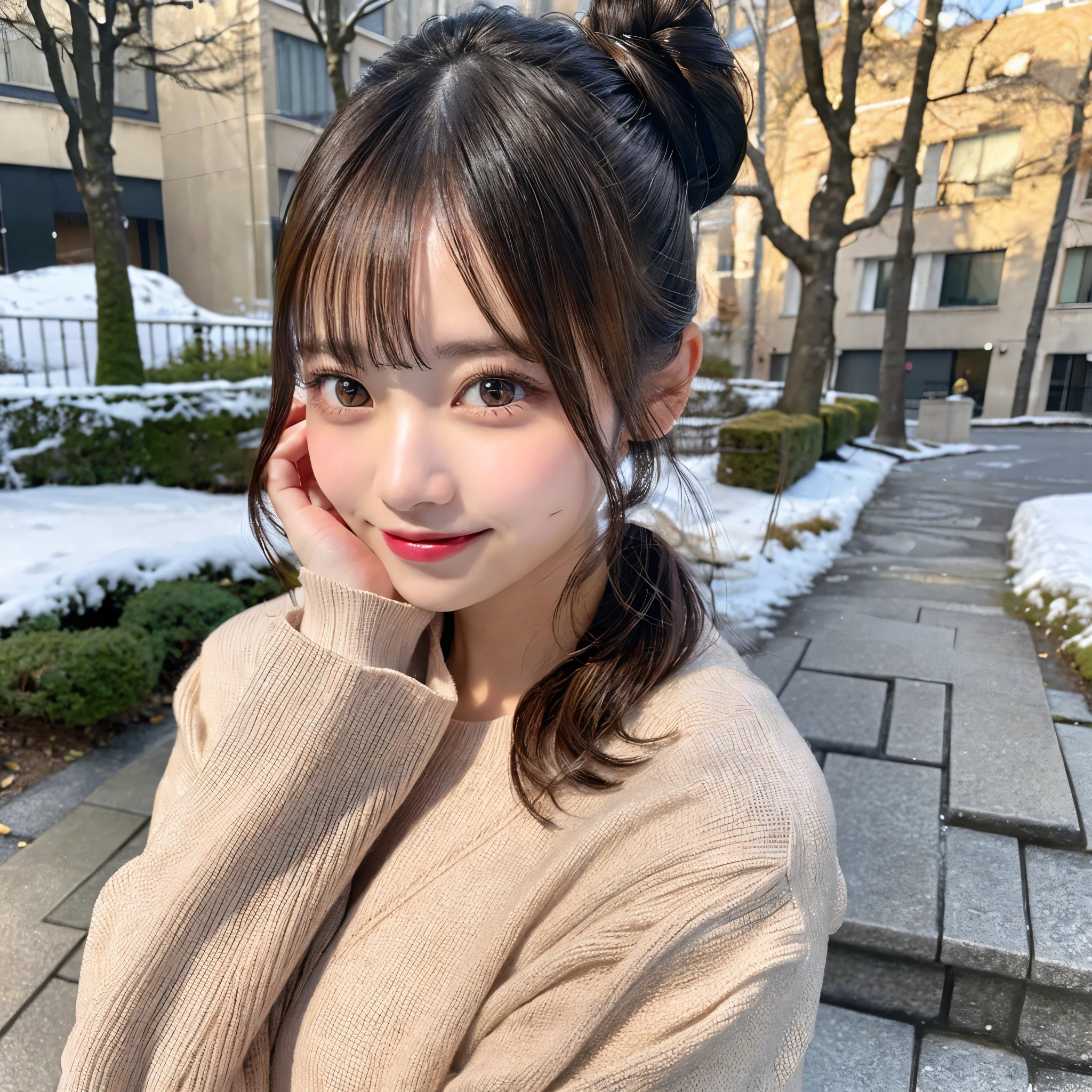 masutepiece, Best Quality, Illustration, Ultra-detailed, finely detail, hight resolution, 8K Wallpaper, Perfect dynamic composition, Beautiful detailed eyes, Trendy Women's Fashion Winter Clothes,Bun hair,Small breasts natural color lip, sexypose,Smile,Harajuku、20 years girl、Cute、is looking at the camera