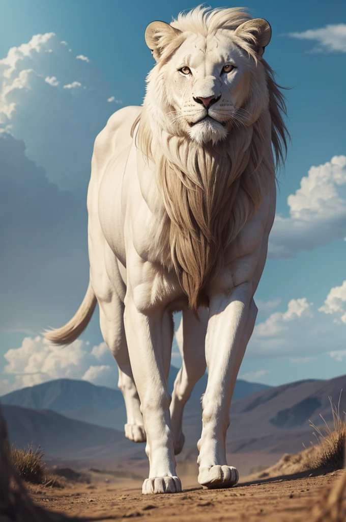White lion walking on the plains，strong，sad，Look into the distance，Sunset，coastal，Character Concept Art，8k quality，illustration，Wide-angle lens，Realistic details，Atmospheric one