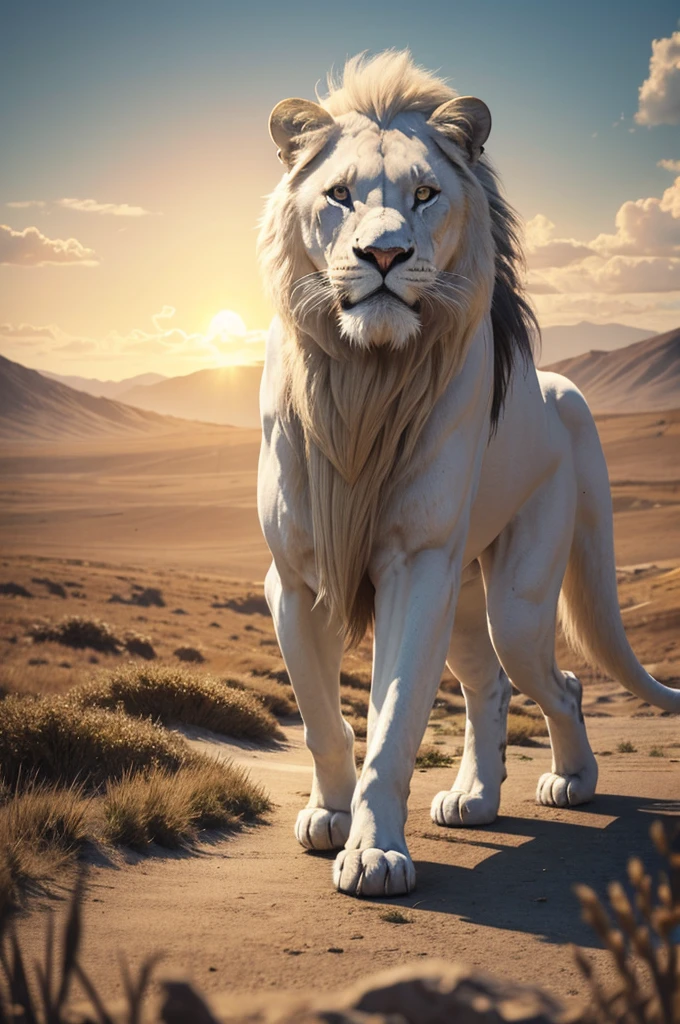 White lion walking on the plains,strong,sad,Look into the distance,Sunset,coastal,Character Concept Art,8k quality,illustration,Wide-angle lens,Realistic details,Atmospheric one