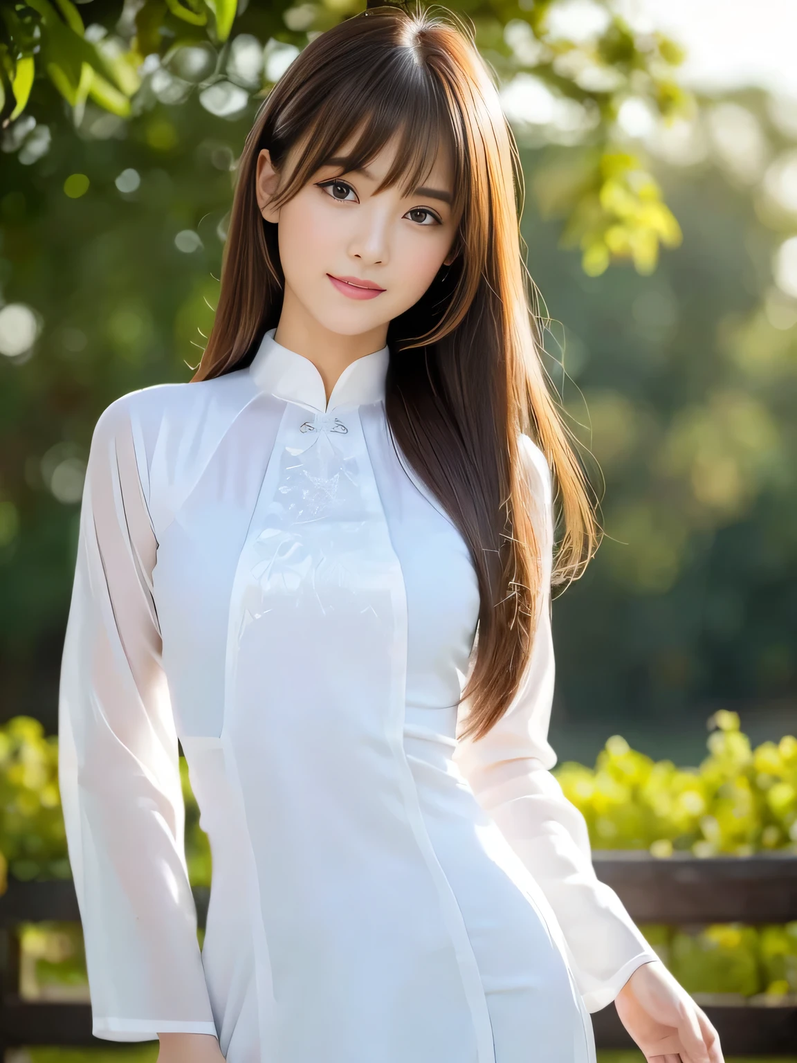 (Best Quality, 8k, 32k, Masterpiece, UHD: 1.3), Attractive Japan Woman Pictures, One Girl, 19 years old , Abs, Perfect Body, Ultra Detailed Face, Detailed Lips, Fine Eyes, Double Eyelids, seductive smile, (white ao dai), light brown hair, asymmetrical hair, asymmetrical bangs, messy hair, elegant pose, sexy girl, Perfect female body, perfect and delicate limbs, Ho Chi Minh City