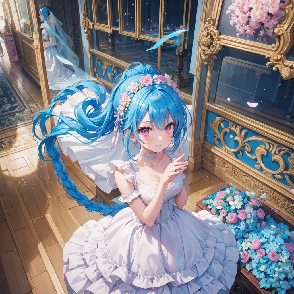 sky Blue hair, (braided ponytail),(pink eyes),fair skin ,(full body),(1 girl),bride,happy smile,Straight Bangs, June Bride,Wedding dress,(masterpiece, best quality, ultra-detailed, best shadow), (detailed background), (beautiful detailed face), high contrast, (best illumination, an extremely delicate and beautiful), ((cinematic light)), colorful, hyper detail, dramatic light, intricate details,Wedding hall,Glaring Sun,