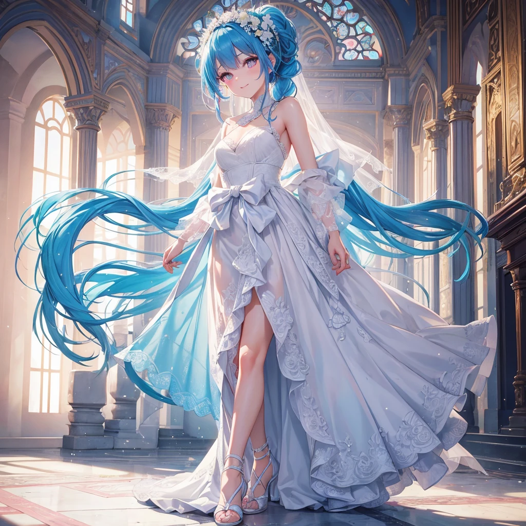 sky Blue hair, (braided ponytail),(pink eyes),fair skin ,(full body),(1 girl),bride,happy smile,Straight Bangs, June Bride,Wedding dress,(masterpiece, best quality, ultra-detailed, best shadow), (detailed background), (beautiful detailed face), high contrast, (best illumination, an extremely delicate and beautiful), ((cinematic light)), colorful, hyper detail, dramatic light, intricate details,Wedding hall,Glaring Sun,