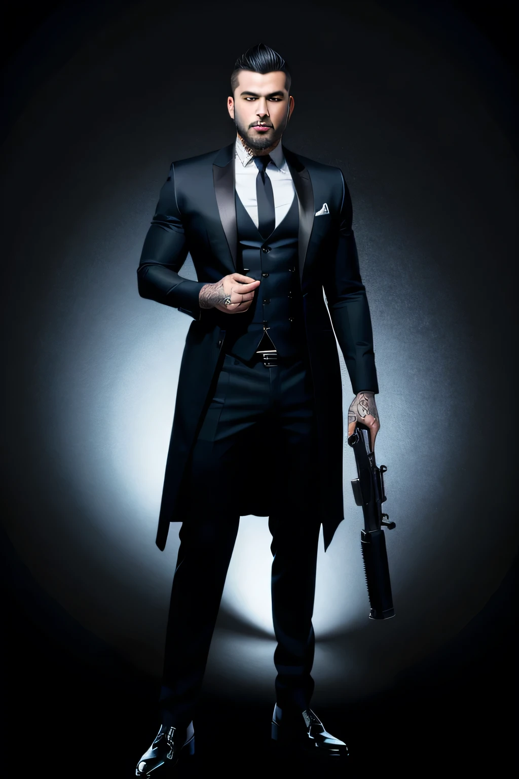 tattooed mafioso full body showing his feet holding gun wearing an elegant costume with tattoos on his face blue eyes very short black hair super realistic face beautiful lighting and simple black background muscular strong heart perfect perfect character perfect features, dark