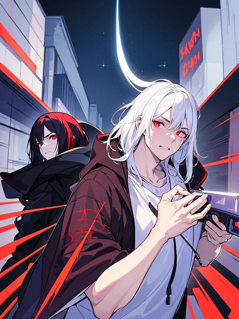 A front of a young man with white hair, red eyes and masculine face. Wearing a black hoodie with purple details. he is in a destroyed city, totally empty. Dungeons and Dragons art direction, studio ghibli Style, light brushstrokes