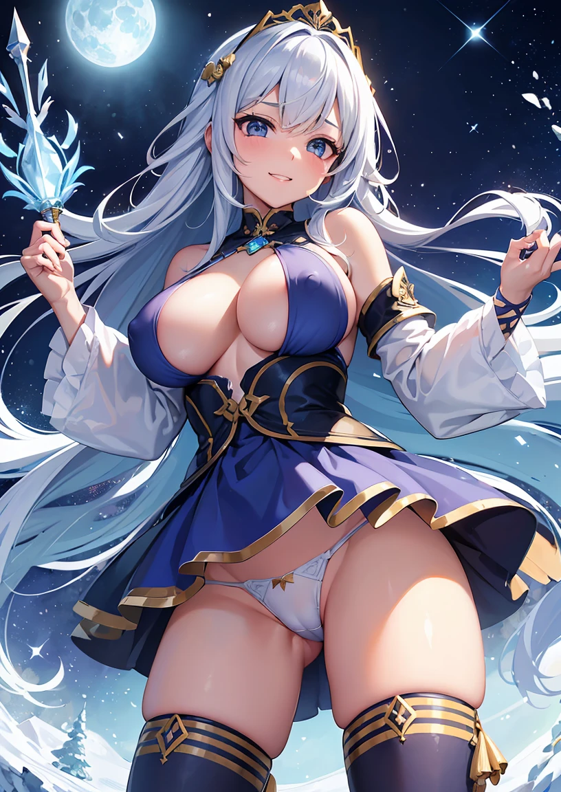 (Highest quality,High resolution),Ice Queen with the sun in the background,Detailed Description,Freezing cold,Sparkling ice,Dazzling snowflakes,Cold breath,Ice crown and scepter,Cold winter landscape,Frozen trees and flowers,Shining snowy ground。 (masterpiece, Highest quality, Highest quality, Official Art, beautifully、aesthetic:1.2), (1 Girl), Very detailed目, (Fractal Art:1.3), colorful, Most detailed, (Perfect Face), Shiny skin, High resolution, milky way, (Streaks of Light), Impressive visuals, (Dynamic stripes, Path of Light:1.2), Bright colors,((巨大なtits、tits、Cleavage、Erect nipples clearly visible、Sexy face、Open your legs to highlight your pants、Thighs)) 、Highest quality,In 4K,8K,High resolution,Flying debris:1.2,Very detailedな,reality:1.37, Ticker,Ticker,Studio Lighting,Ultra-fine painting,Sharp focus,Physically Based Rendering,Extreme Detail,Professional specifications,Vibrancy and color、View from below,Sex before,masterpiece,Fullco shows off her perfect and sexy white thong panties)),((Dirty panties))、美しいThighs、Low Angle:1.4、Highest quality, Very detailed,Beautiful smile、Big Breasts、adultery、Camel Toe