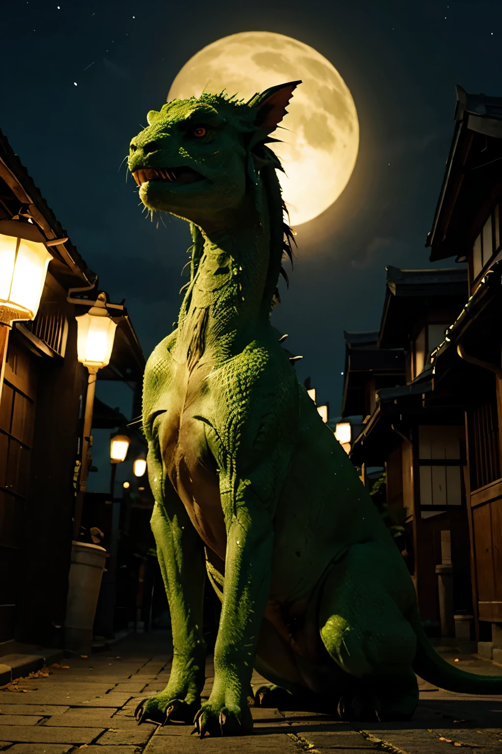 a huge green japanese dragon in night
