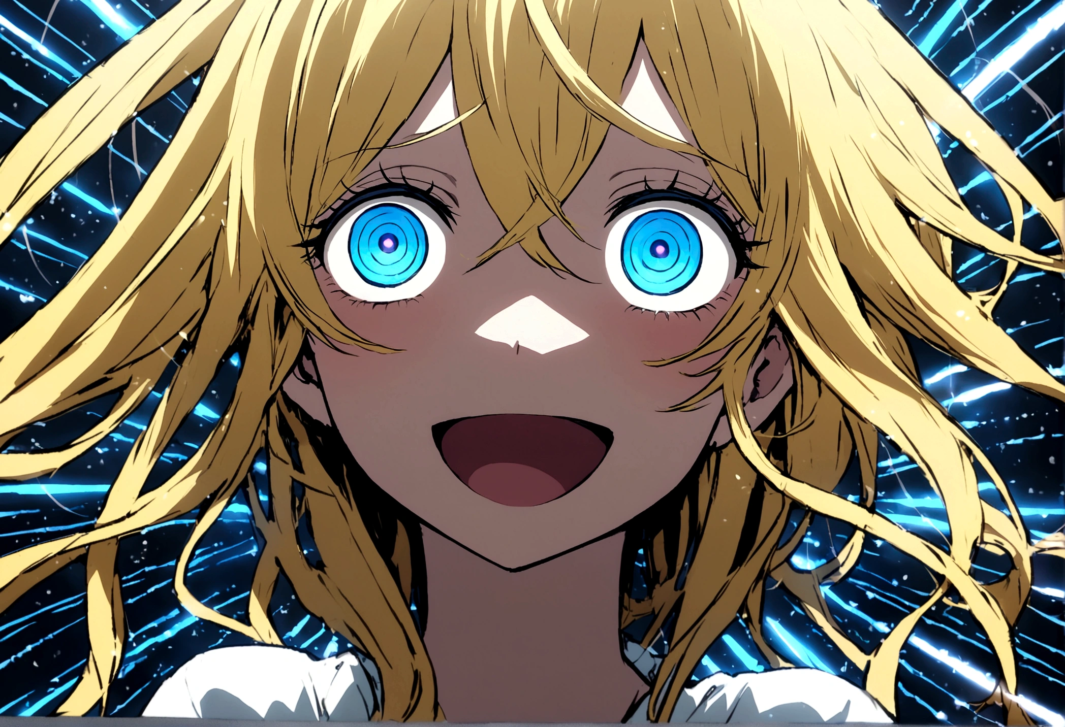 Too many Crazy eyes laughing Yandere Crazy anime woman. Looking. Blue Shining eyes. Yellow hair, Leds