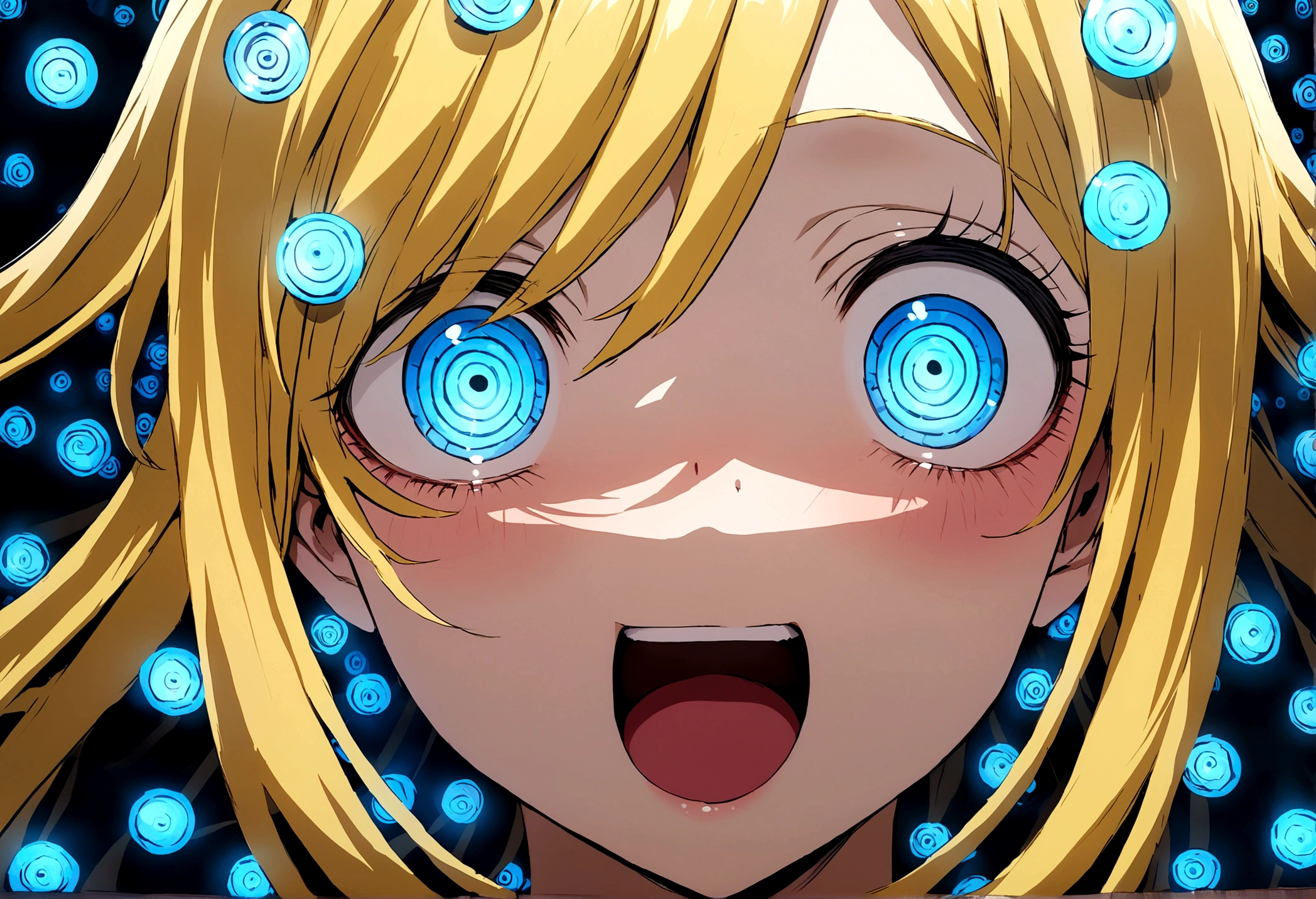 Too many Crazy eyes laughing Yandere Crazy anime woman. Looking. Blue Shining eyes. Yellow hair, Leds
