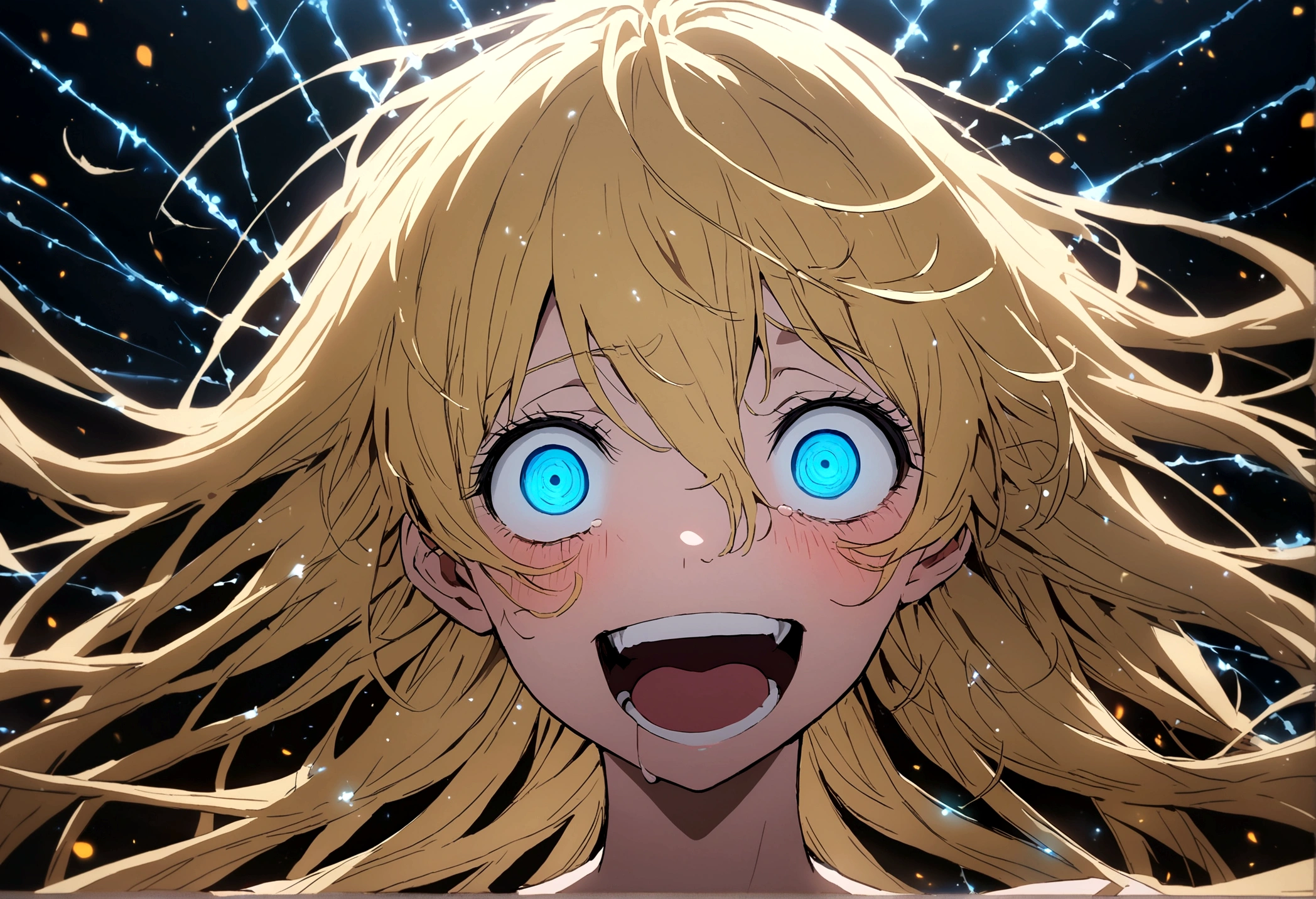 Too many Crazy eyes laughing Yandere Crazy anime woman. Looking. Blue Shining eyes. Yellow hair, Leds