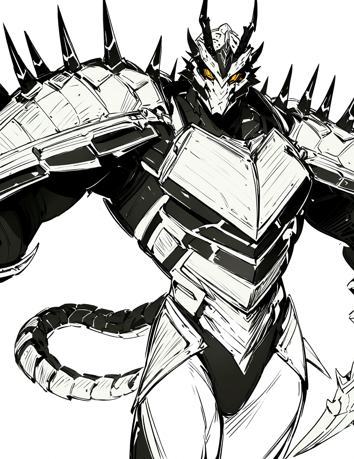 a drawing of a man with a large horned head and a sword, dragon cyborg, cyborg dragon portrait, sharp robot dragon claws, with scaly-looking armor, male robotic anthro dragon, well armored mech dragon, with robot dragon head, robot mecha female dragon head, robot dragon claws, greek god in mecha style, mecha inspired, dragon inspired armor, clean lines, clean lineart, smooth, refined, details