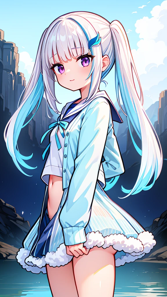 (((Lize Helesta))), {extremely detailed CG unity 16k wallpaper}, {{masterpiece}}, {{{high quality}}}, {{ultra-detailed}}, {high illustration}, (high shadow}, {fan extremely delicate and beautiful}}, {{{dynamic angle}}}, {{{glow white particles}}}, {cinematic light}},highres, original, extremely detailed wallpaper, highres, Ih1, hair_ornament, long hair, twintail, serafuku, blue shirt, open cardigan, (aqua cardigan), sailor collar, (((long sleeves))), blue ribbon, , (((cowboy shot))), standing, outdoors, (((no_pants))), (((diaper,white_diaper,cotton_diaper))), navel,[little_smile]