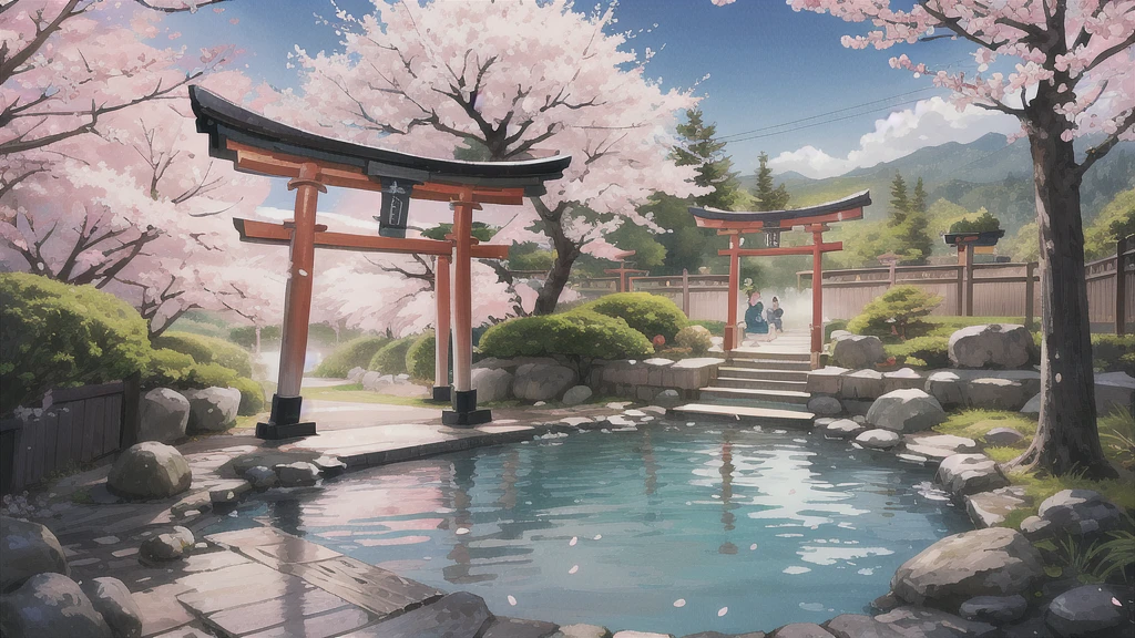 Cute art style, open-air bath, small torii gate, hot spring, evening, cherry blossoms, illustration, background only, Looking down