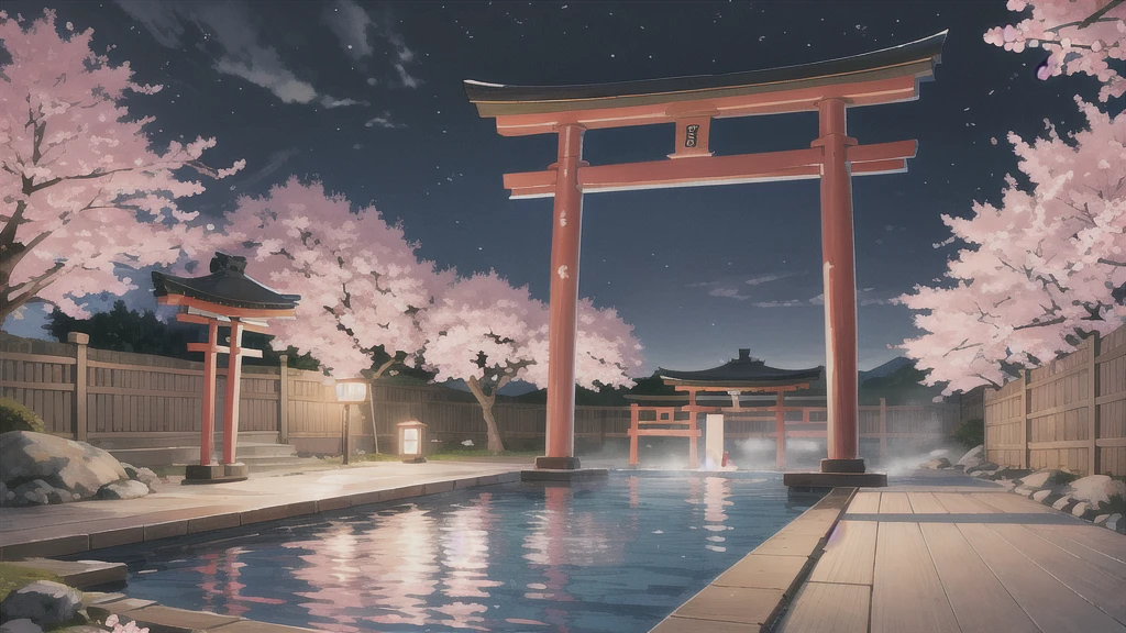 Cute art style, open-air bath, small torii gate, hot spring, evening, cherry blossoms, illustration, background only, Looking down