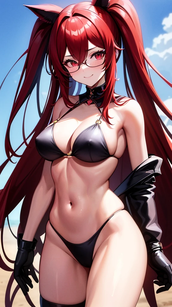 (Masterpiece), (best quality), 20 year old cat girl, long red hair, red eyes, solid round eyes, smile softly, shadow, 8K, Awesome details, precise, best quality, UHD, textured skin, Black glasses, (ชุด black sexy bikini), standing sex ห้องนอน