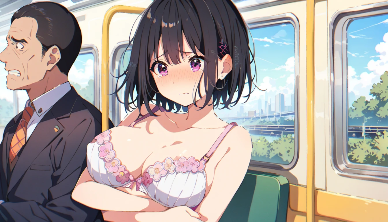 A girl with black hair, crying, pure and bare torso, with erect nipples and pale pubic hair, wearing a floral bra, floral panties and a checked skirt, is on a train, feeling embarrassed and scared, and resisting with a naked middle-aged man grabbing her breasts with both hands over her bra.