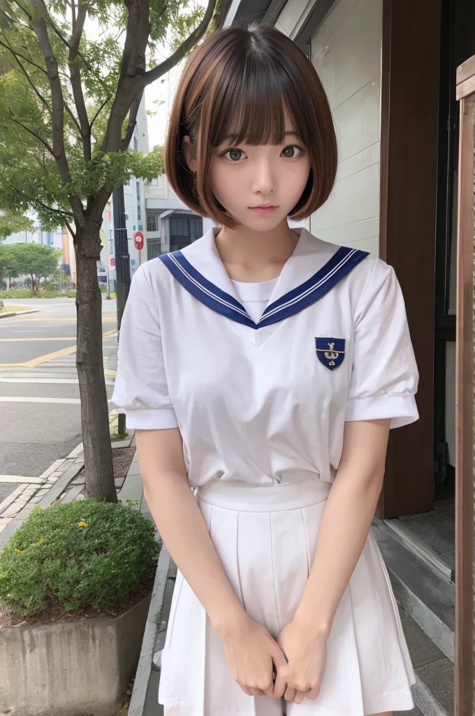 Girl showing off her anus、Hair color is golden、Bob hairstyle、looking a little embarrassed、Only the upper body is wearing a sailor uniform、The location was on her boyfriend's bed.、The lower half is naked、Opening her anus with both hands