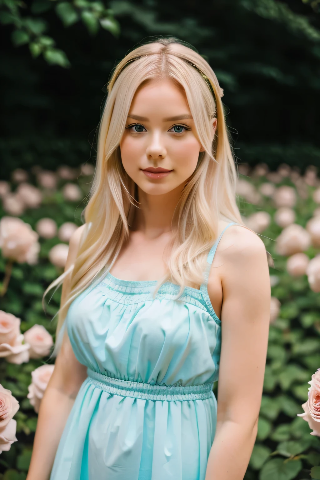 8K, RAW Photos, Fujifilm, Avril-like style photo of a beautiful young woman in a garden of pale pink roses (Highly detailed skin: 1.2) Style Petal Break,Long Hair, (blue eyes)、Blonde and colored hair, Wearing a dress, Film Granulation, 35mm, Cute Style