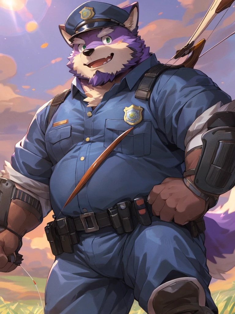 anthro, kemono, male, solo, ((round face, very plump face, thick beard)), (((dark beard))), ((endomorph body type, old-aged)), ((purple fox, fox) fluffy fur, fluffy), (at training camp, field), bokeh, (high quality, highres, masterpiece), (dynamic lighting, vivid color), (generous smile), (face focus), front view (close up), cartoon, (((purple fox))), (((purple fur))), purple hair, beard, white eyebrows, detailed green eyes, tall, steel hunting bow, (((archery armor, military hat, police man, black color outfit, military shoes, police cap, uniform))), by zixiong, by takemoto arashi, by zixiong, (by null-ghost:0.8), (by t.y.stars:0.4),