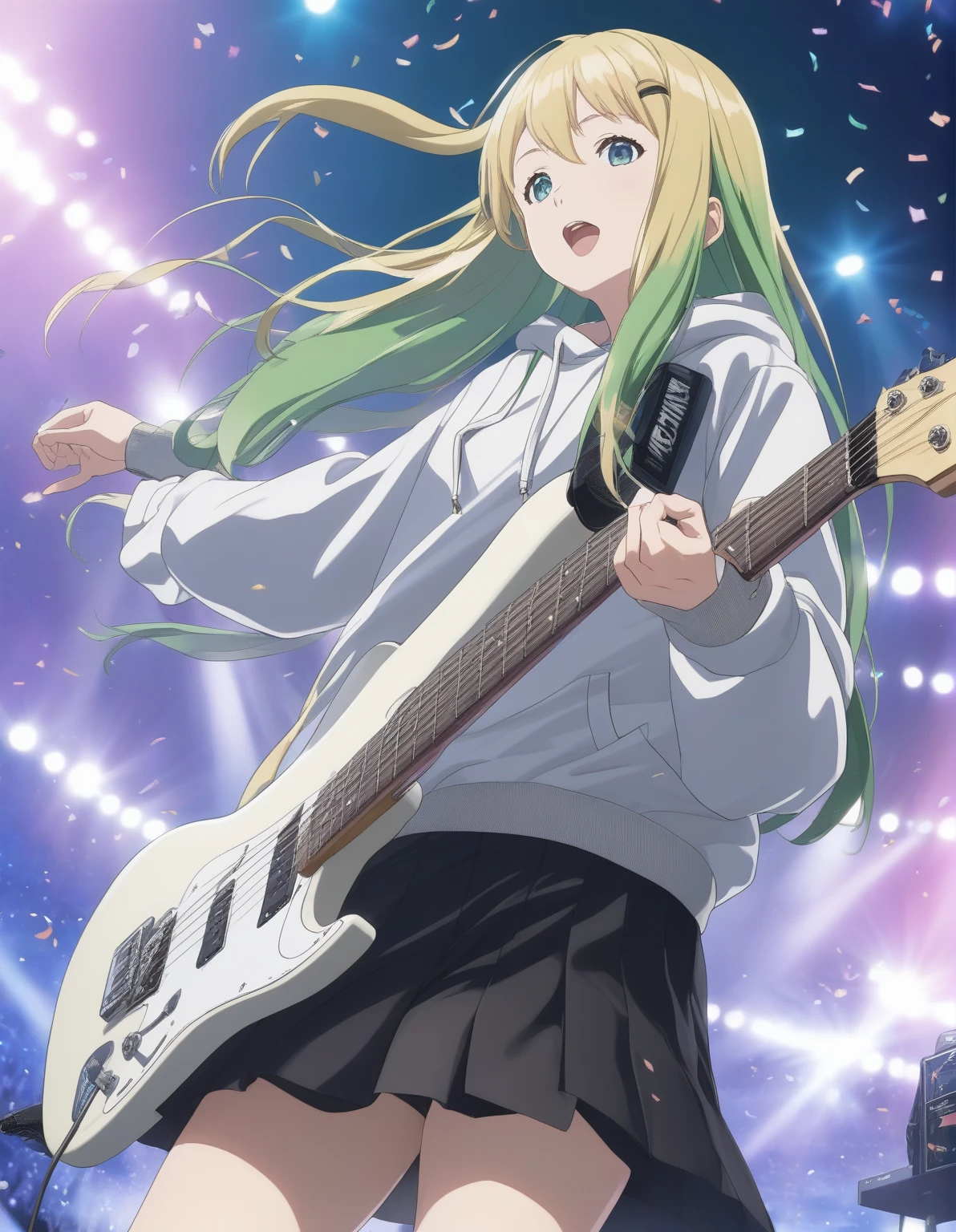 score_9, score_8_up, score_7_up, source_anime, rating_safe, BREAK yamanouchi kano, 1girl, multicolored hair, streaked hair, long hair, blonde hair, green hair, blue eyes, small breasts, white hoodie, long sleeves, mini skirt, black skirt, thigh strap, green strap, open mouth, happy, dutch angle, holding instrument, electric guitar, playing instrument, stage, stage lights, spotlight, confetti, light particles, light rays, amplifier