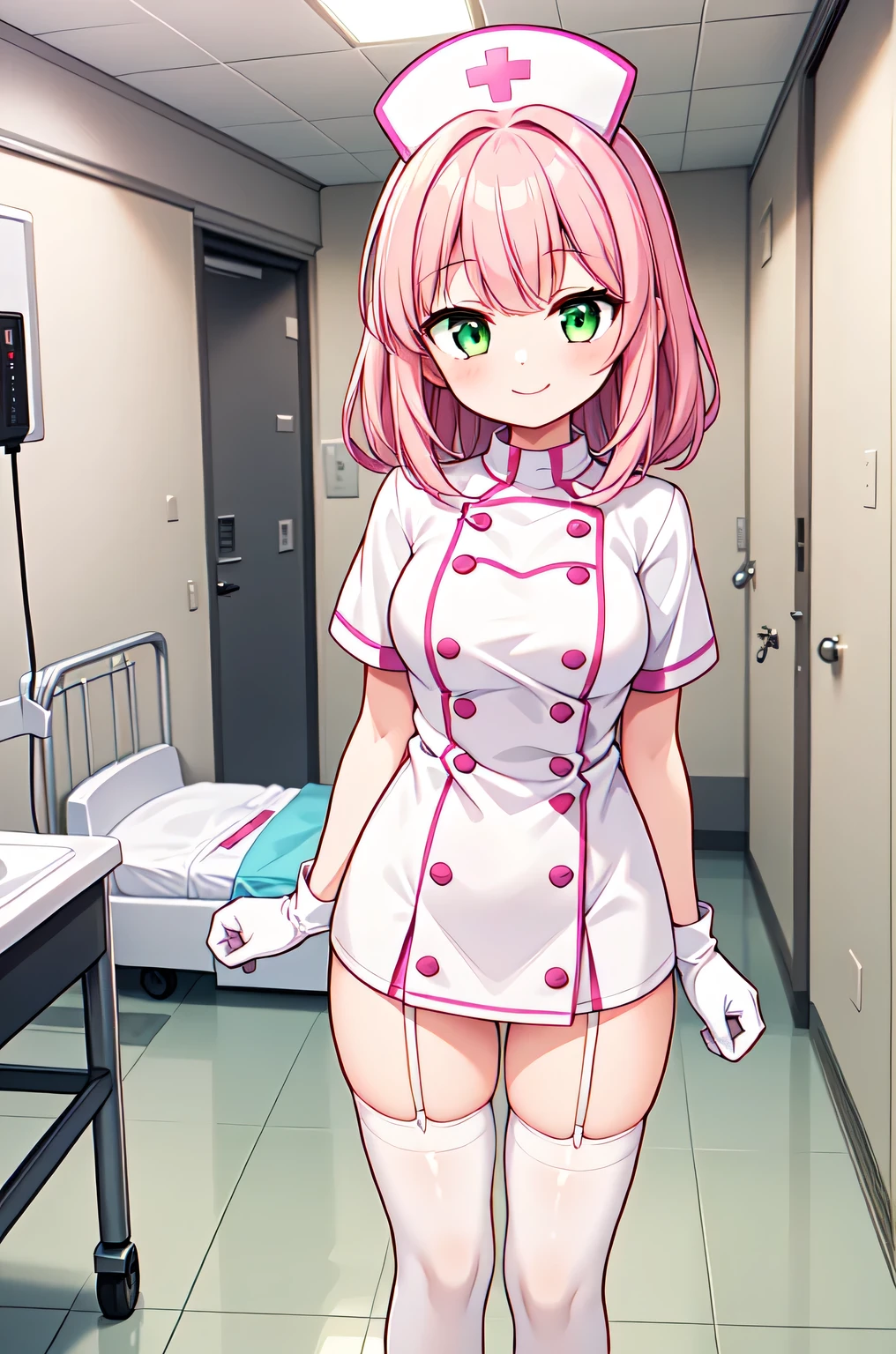 1girl, solo, nurse, white nurse cap, white nurse uniform, ((white legwear, zettai ryouiki)), white gloves, pink hair, green eyes, drooping eyes, smile, standing, ((hospital room)), sharp outline, short sleeves, best quality, masterpiece