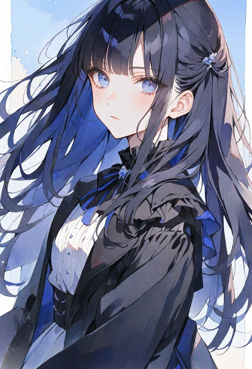独奏, Watercolor,
1. Female,
hime cut,Straight Hair,long Hair, black hair,
blue eyes,Soft look,Lolita,18 years old,
black jacket,stylish,
skin,
blue background,