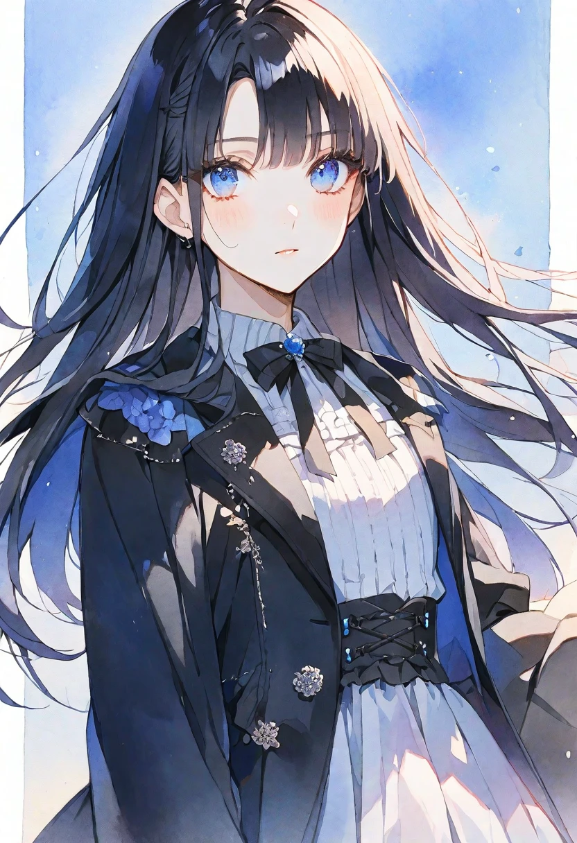 独奏, Watercolor,
1. Female,
hime cut,Straight Hair,long Hair, black hair,
blue eyes,Soft look,Lolita,18 years old,
black jacket,stylish,
skin,
blue background,