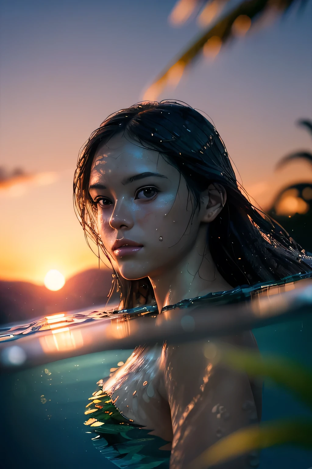 (masterpiece), (very complicated: 1.3), (realistic), portrait of a girl, swimming underwater, (dynamic perspective), the most beautiful in the world, (naked), reflection satin, outdoor, bright sun, distant plant group, stunning female professional photo details, sharp focus, dramatic, awards history, cinematic lighting, Octane Rendering Unreal Engine, dtx volumetry, (film grain, background blur shot, foreground blur, Bokeh, depth of written boundaries, sunset, motion blur: 1.3), (wet hair: 0.8),