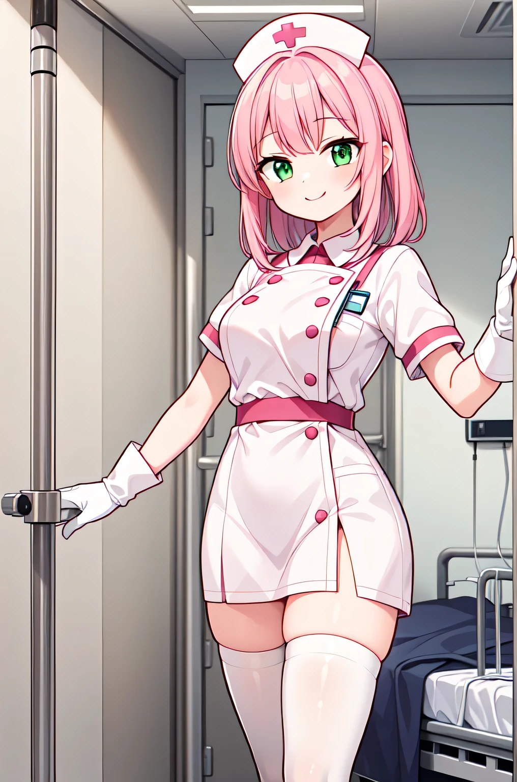 1girl, solo, nurse, white nurse cap, white nurse uniform, ((white legwear, zettai ryouiki)), white gloves, pink hair, green eyes, drooping eyes, smile, standing, ((hospital room)), sharp outline, short sleeves, best quality, masterpiece