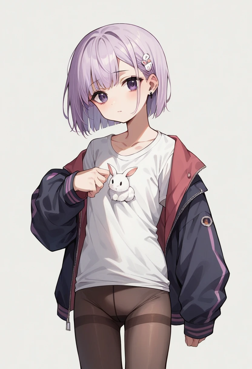 Mimi Usazaki（VSPO）,Bobcut,Light purple hair,Dark pink mesh hair,Dark blue down jacket,My chest is empty,One legged tights,Round 1,White T-shirt,Purple eyes,White rabbit hair accessory with black eyes,Earrings