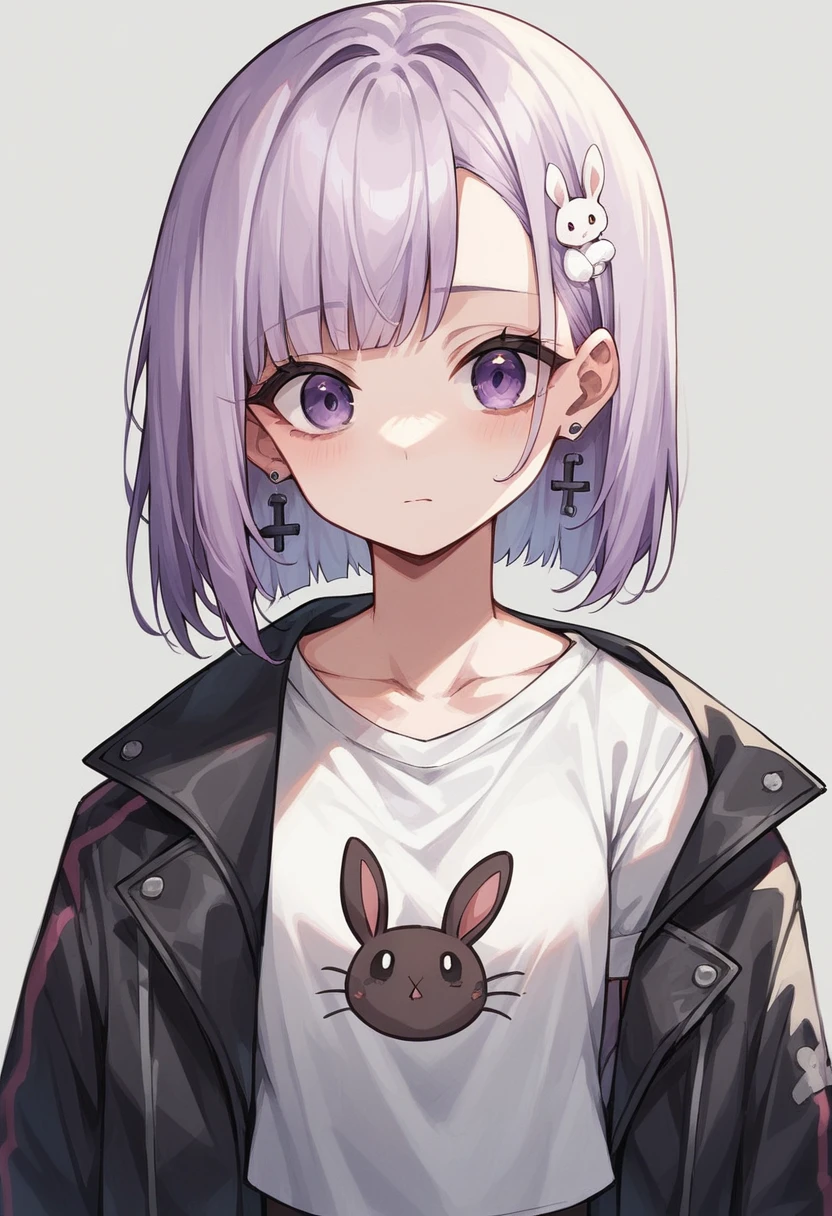 Mimi Usazaki（VSPO）,Bobcut,Light purple hair,Dark pink mesh hair,Dark blue down jacket,My chest is empty,One legged tights,Round 1,White T-shirt,Purple eyes,White rabbit hair accessory with black eyes,Earrings