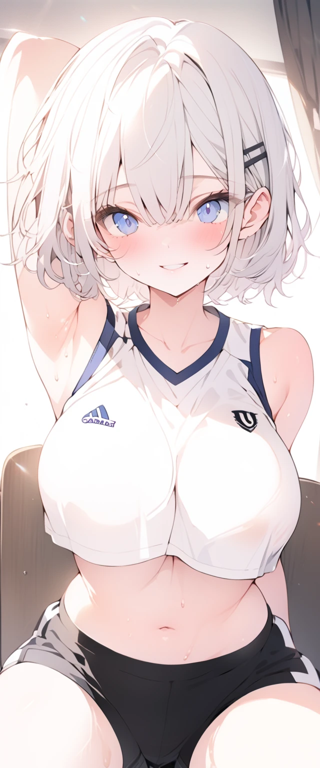 beautiful, masterpiece, Highest quality, anime, One girl, C Cup,Portrait Shot, View your viewers, Covered、Short Hair、nearby、Blue Eyes、art、White hair,Blue streaked hair、hairpin、Cute smile、Thighs、Cute、Sweat、Volleyball uniform、Shorts、navel、Separate outfit、Underboob、Armpit、Private room、Embarrassed、Sitting cross-legged、Stretch