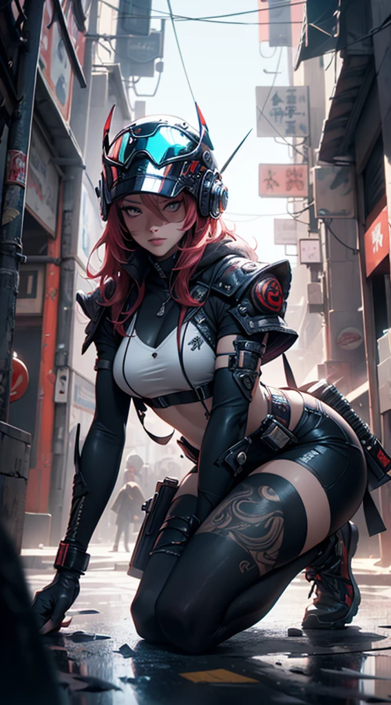Hyperrealistic version of a woman kneeling down with a sword in her hand, very beautiful cyberpunk samurai, anime cyberpunk art, cyberpunk samurai, cyberpunk anime art, anime cyberpunk, cgsociety 9, digital cyberpunk anime art, style of maciej kuciara.1girl, samurai armor, helmet oni evil mask,intricate, ornaments detailed, cold colors, metal, egypician detail, highly intricate details, realistic light, trending on cgsociety, glowing eyes, facing camera, neon details, ultra realistic details, portrait full body, japanese atmosphere, global illumination, shadows, octane render, 8k, ultra sharp.cool ta.