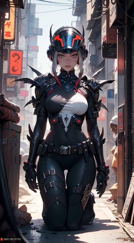 Hyperrealistic version of a woman kneeling down with a sword in her hand, very beautiful cyberpunk samurai, anime cyberpunk art, cyberpunk samurai, cyberpunk anime art, anime cyberpunk, cgsociety 9, digital cyberpunk anime art, style of maciej kuciara.1girl, samurai armor, helmet oni evil mask,intricate, ornaments detailed, cold colors, metal, egypician detail, highly intricate details, realistic light, trending on cgsociety, glowing eyes, facing camera, neon details, ultra realistic details, portrait full body, japanese atmosphere, global illumination, shadows, octane render, 8k, ultra sharp.cool lolita. 