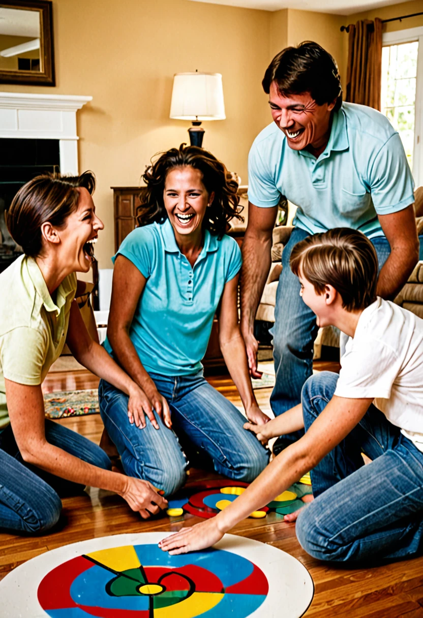 Father, mother, a teenage boy, a middle son and an  daughter, playing twister and laughing in the living room of a house